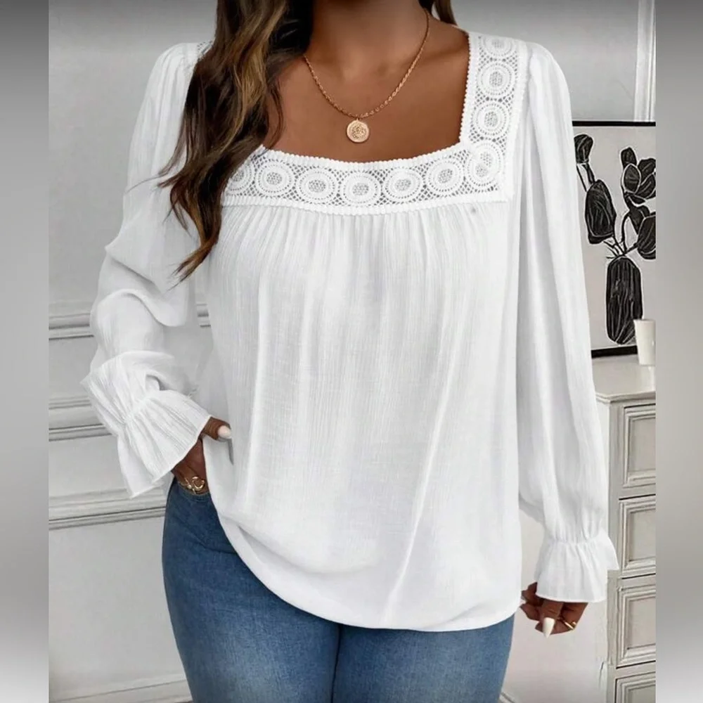 Elegant White  Lace Trim Women's Top